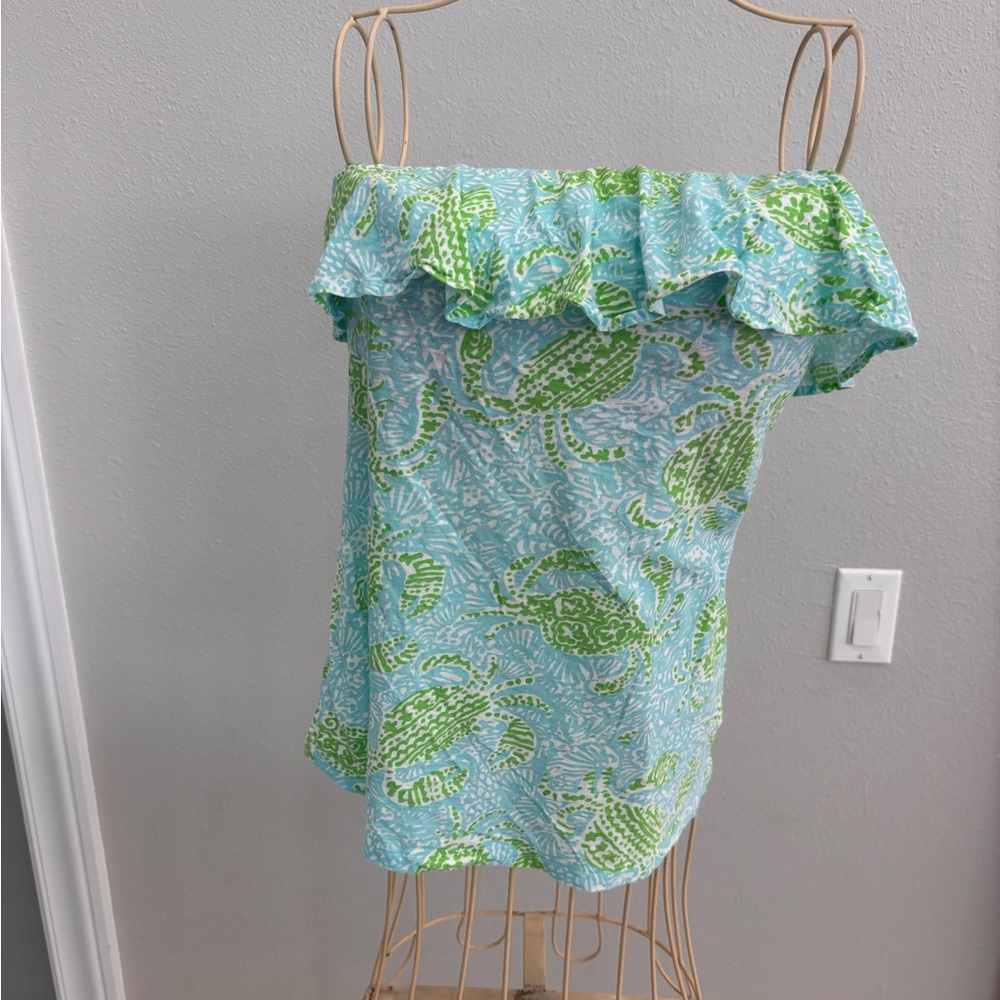 Lilly Pulitzer Light Blue and Green Off-Shoulder Ruffle Top